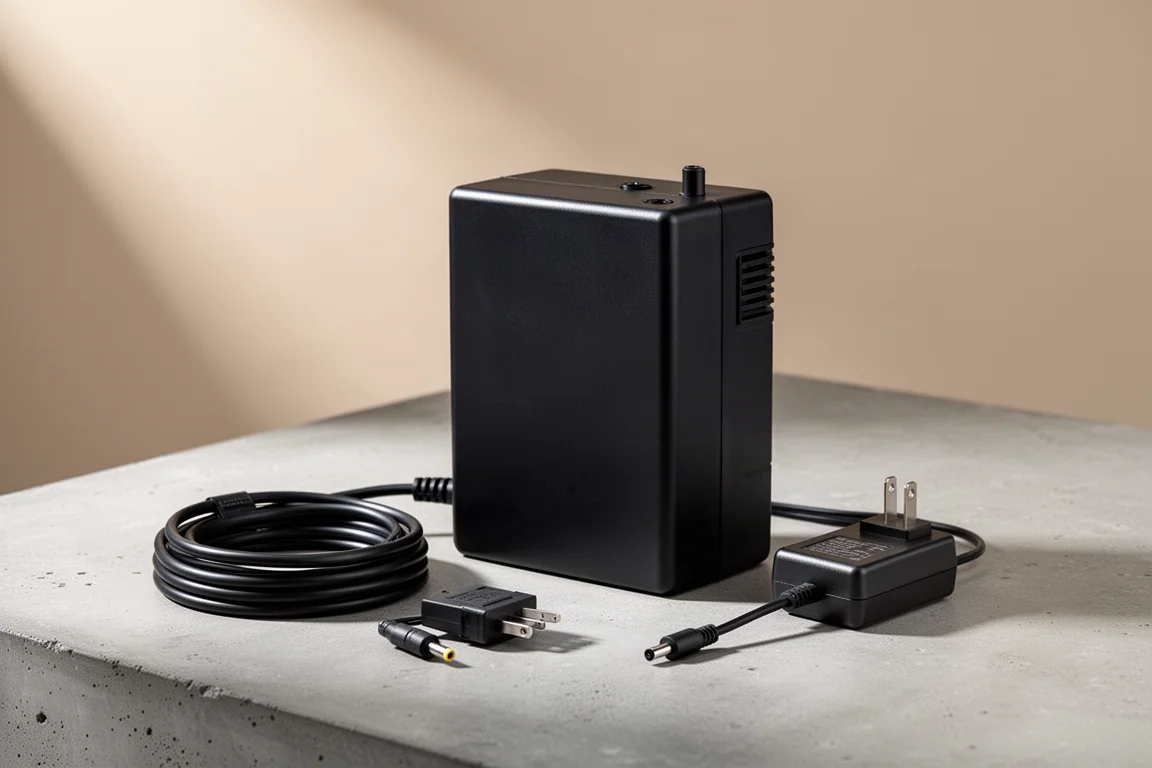 コンクリート面の上に置かれた、ケーブルと充電器が付いたコンパクトな黒い水槽用バッテリーバックアップ本体