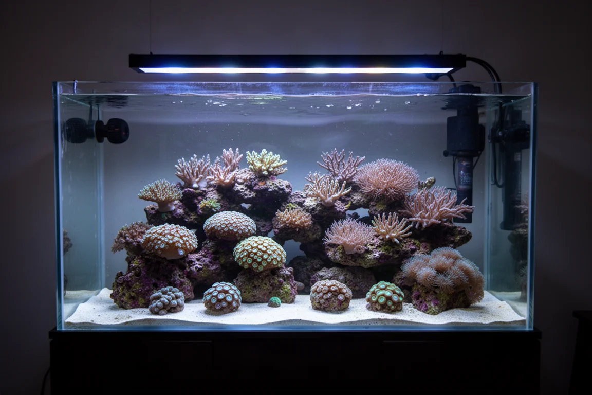 Revakvarium med blandade koraller under blått ljus sett framifrån