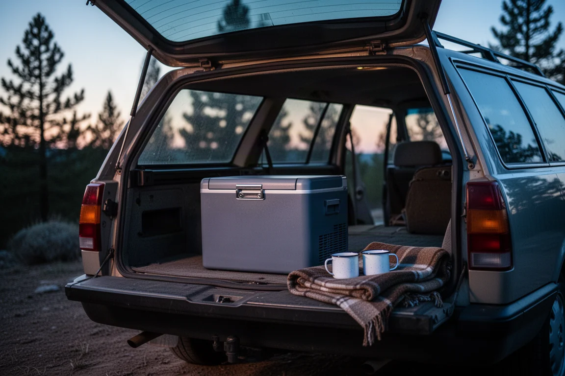 Open tailgate of a vehicle at a dusk campsite with a portable fridge inside