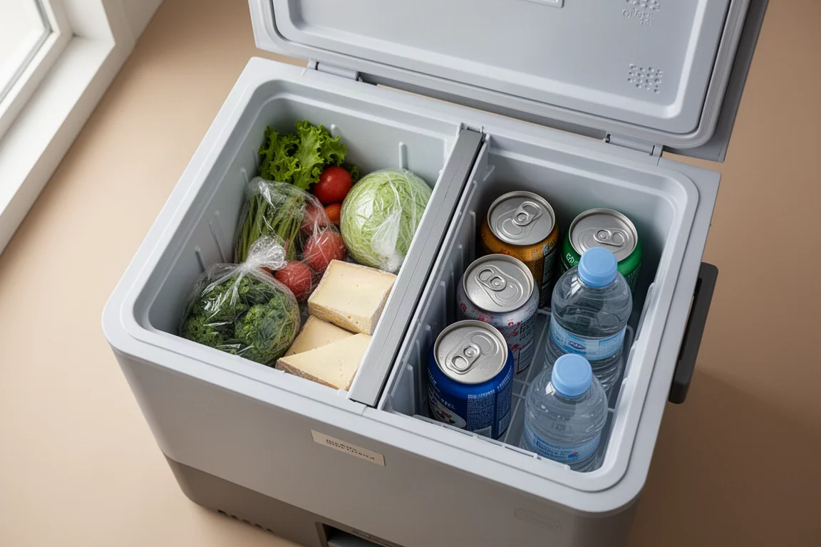 Overhead view of a dual compartment portable fridge packed with food and drinks