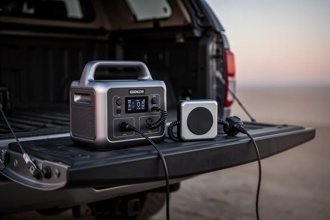 Portable power station and magnetic battery bank connected on a vehicle tailgate