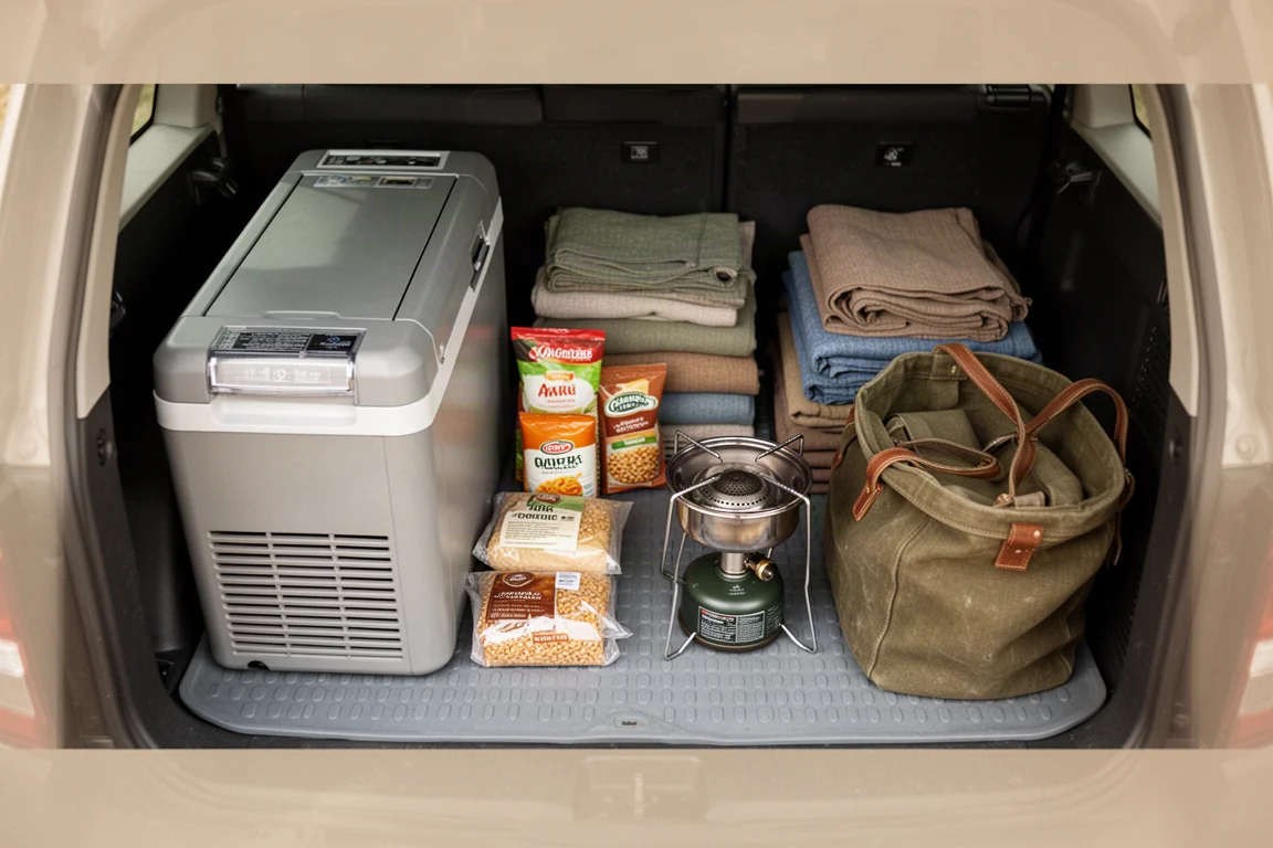 Overhead view of a vehicle trunk loaded with a fridge and camping kitchen supplies