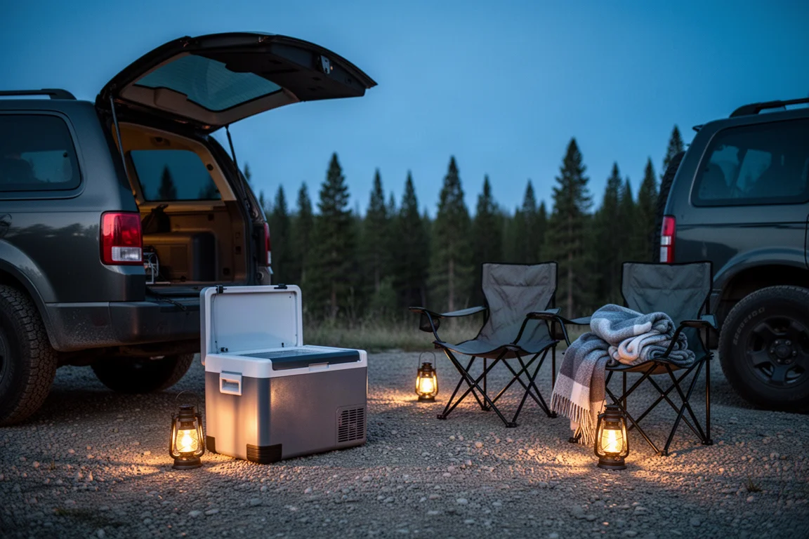 Campsite at dusk with a portable fridge beside a parked vehicle
