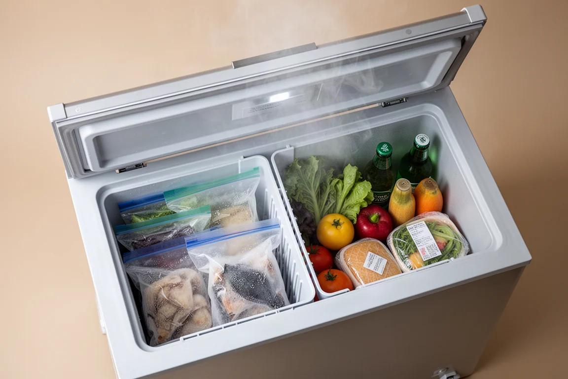 Overhead view of food packed into the two compartments of an open portable fridge