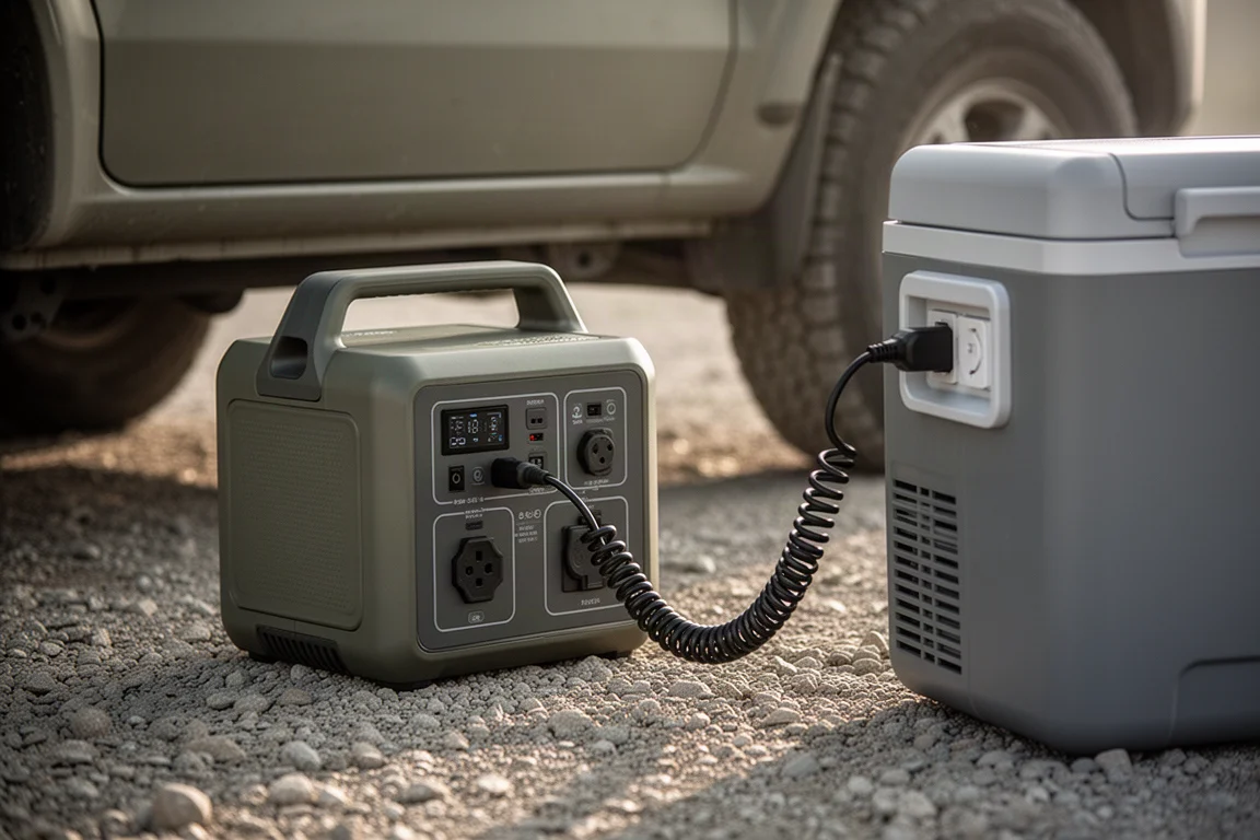 Portable power station on gravel with a cable running toward a fridge