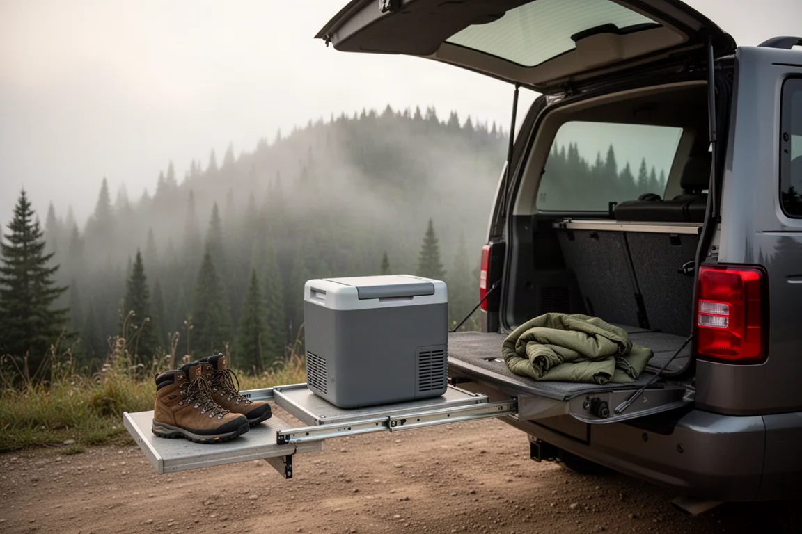 Open tailgate with a portable fridge on a drawer slide at a misty trailhead