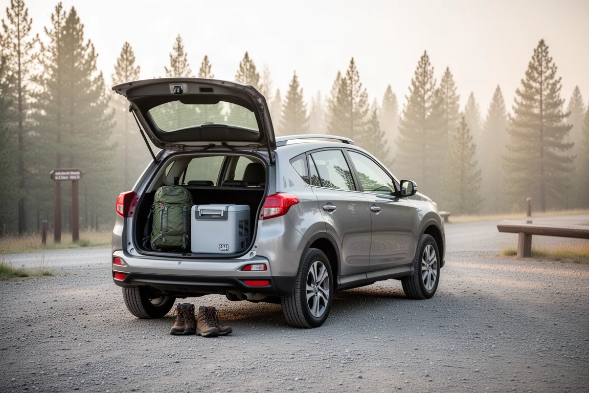 Open tailgate of a compact SUV at a trailhead with a small portable fridge in the cargo area