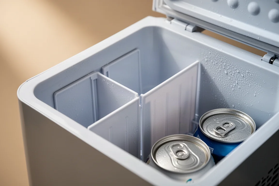 Close-up of a removable divider panel inside a small portable fridge with two compartments
