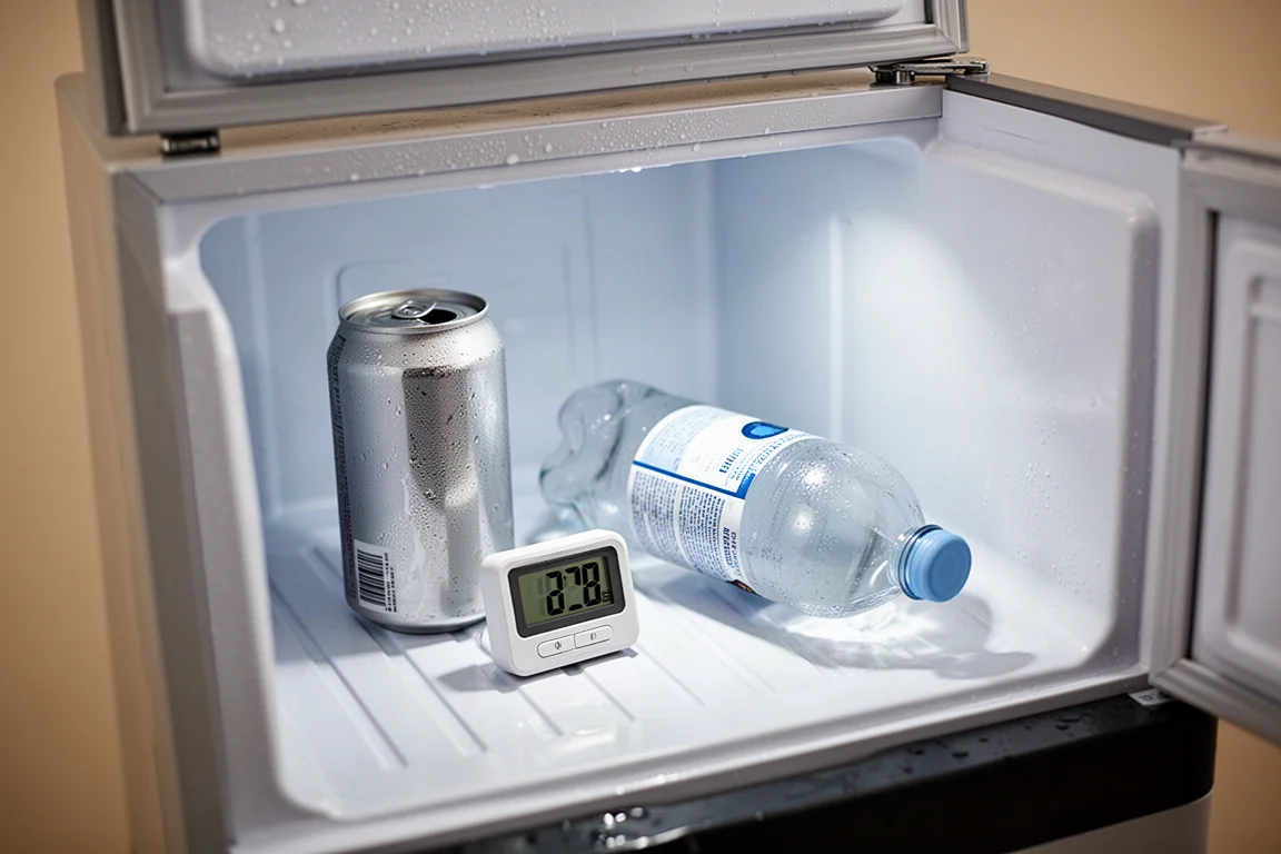 Small digital thermometer inside an open portable fridge beside a bottle lying on its side
