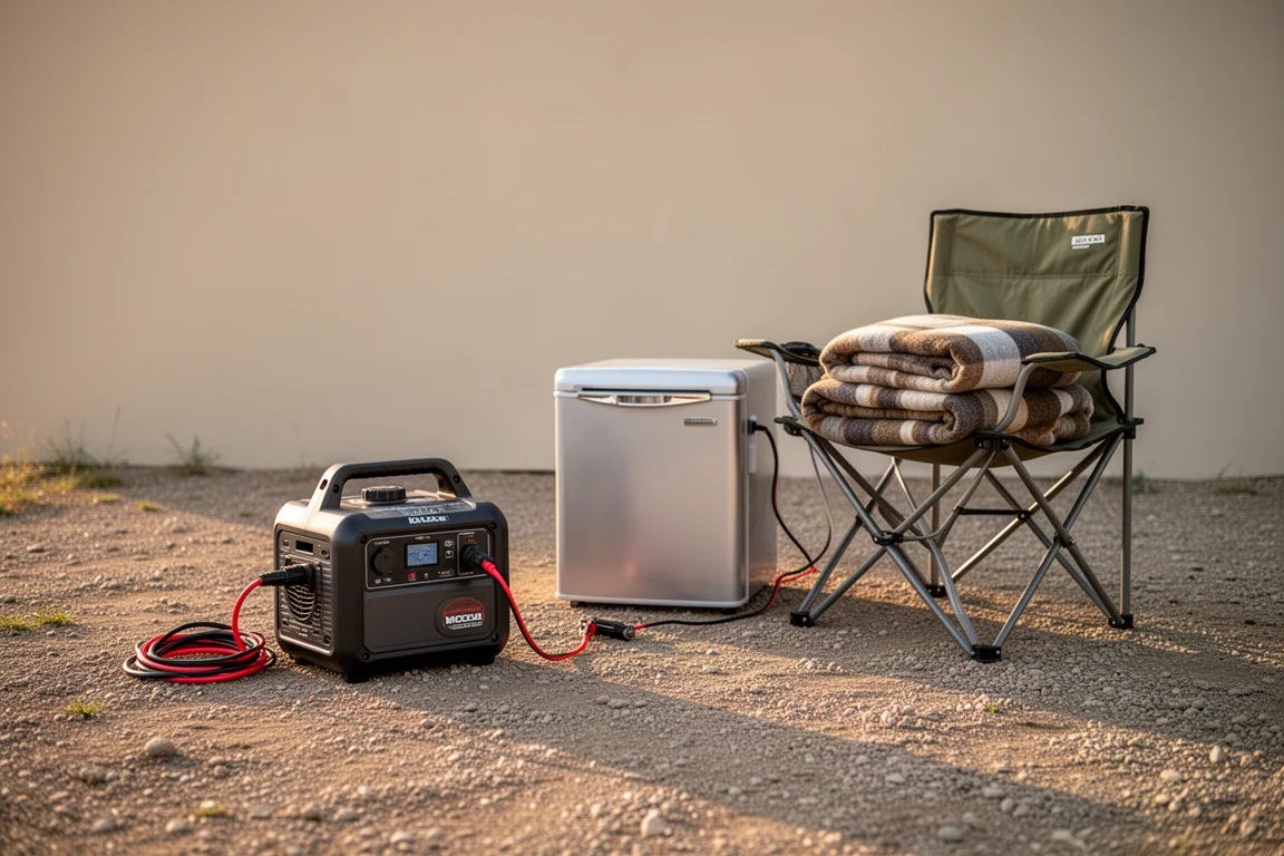 Portable battery generator cabled to a small fridge at a campsite beside a camp chair