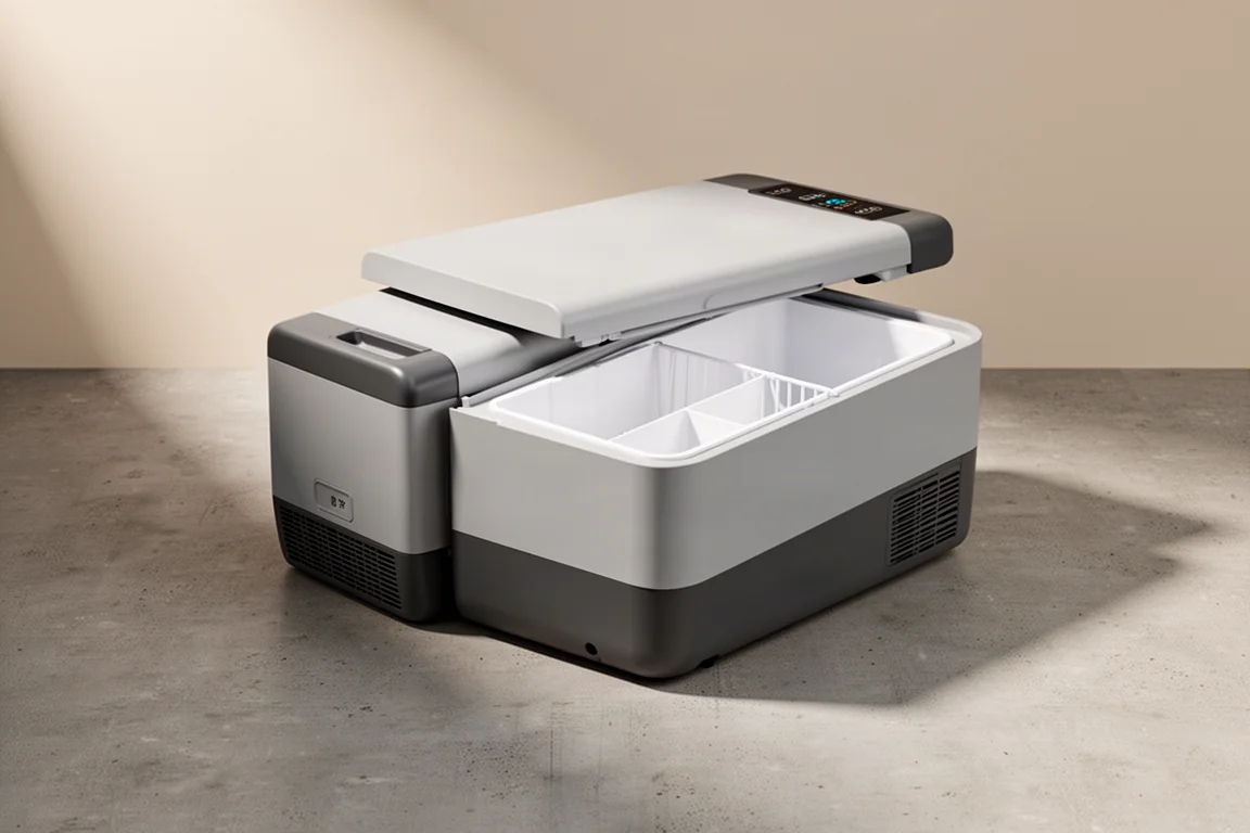 Compact 12 volt portable fridge in grey two tone finish on a concrete surface