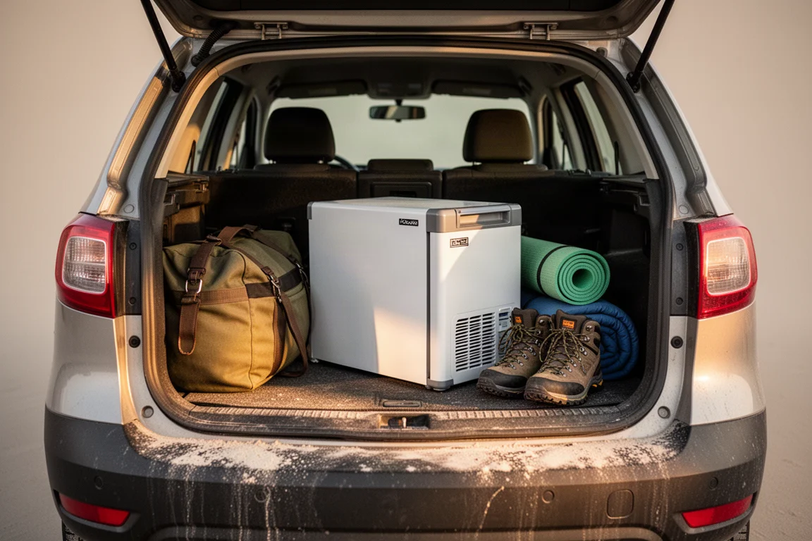 SUV compacto con el portón trasero abierto en un sendero forestal con equipo de acampada en el maletero