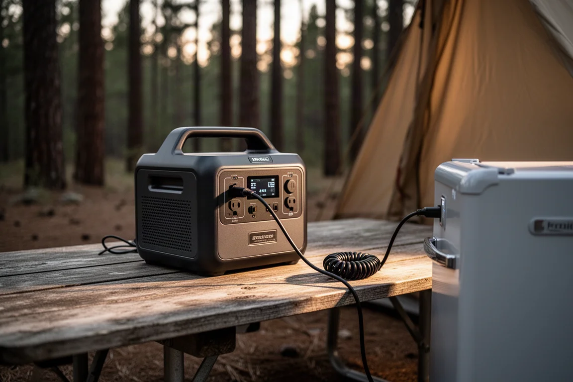 Estación de energía portátil sobre una mesa de camping con un cable de 12 voltios conectado a una nevera al atardecer