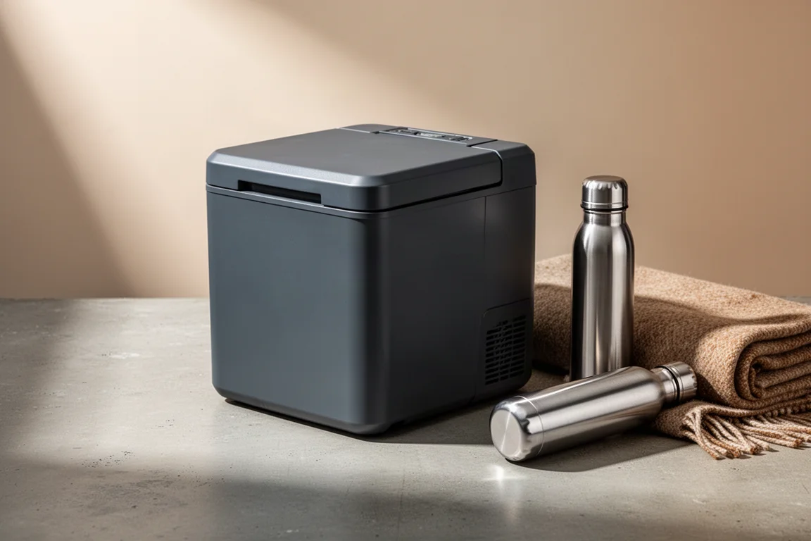 Compact two-tone 12-volt portable fridge photographed at a three-quarter angle on concrete