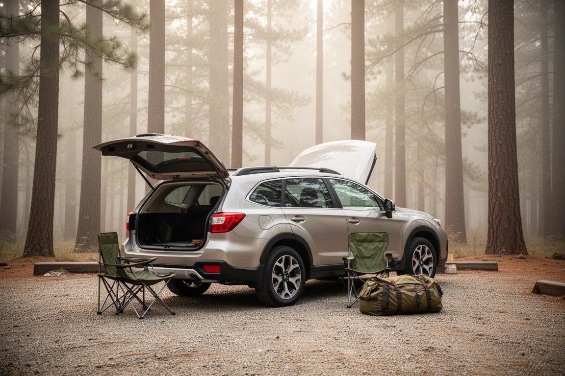 Tragbarer Kühlschrank längs im Laderaum eines kompakten SUVs auf einem Campingplatz verstaut