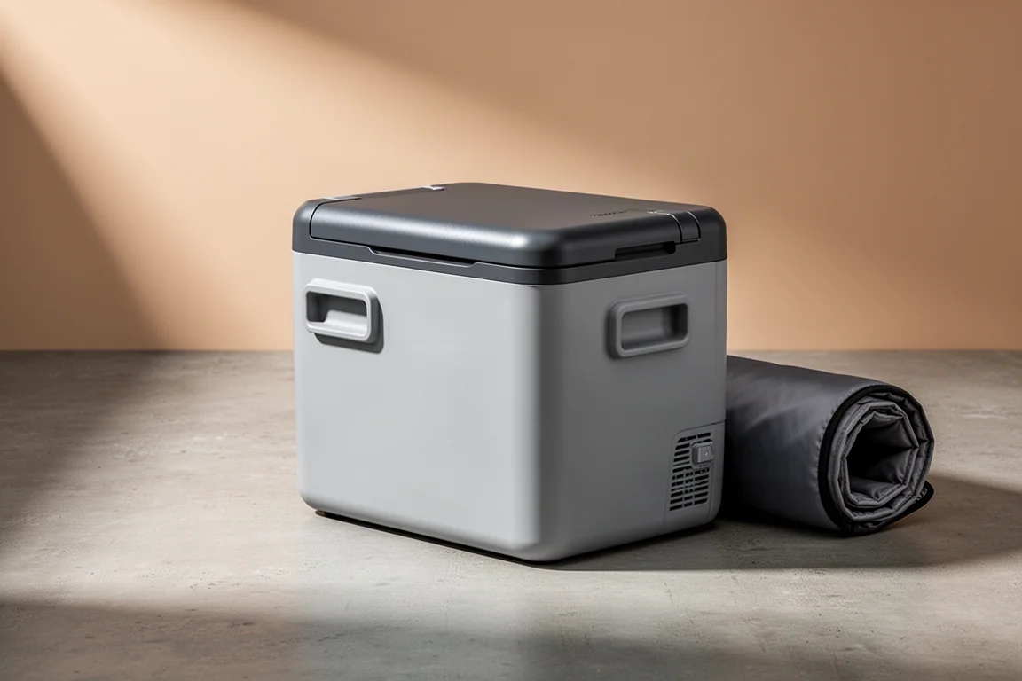 Compact portable 12V compressor fridge with insulated cover on a concrete surface