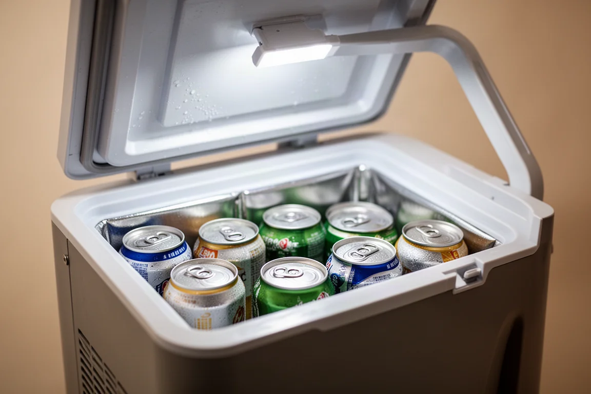 攜帶式雪櫃內部在柔和燈光下放滿罐裝飲品