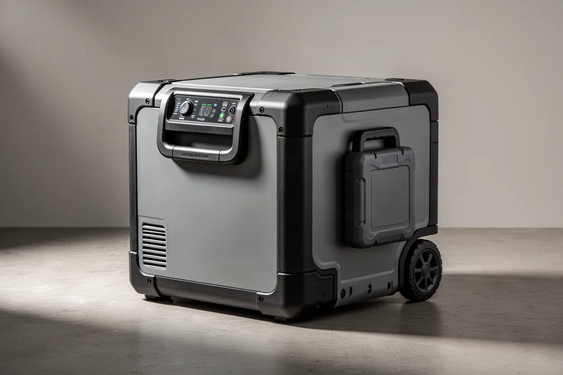 ICECO JP50 Pro portable fridge freezer with battery pack attached on a concrete surface