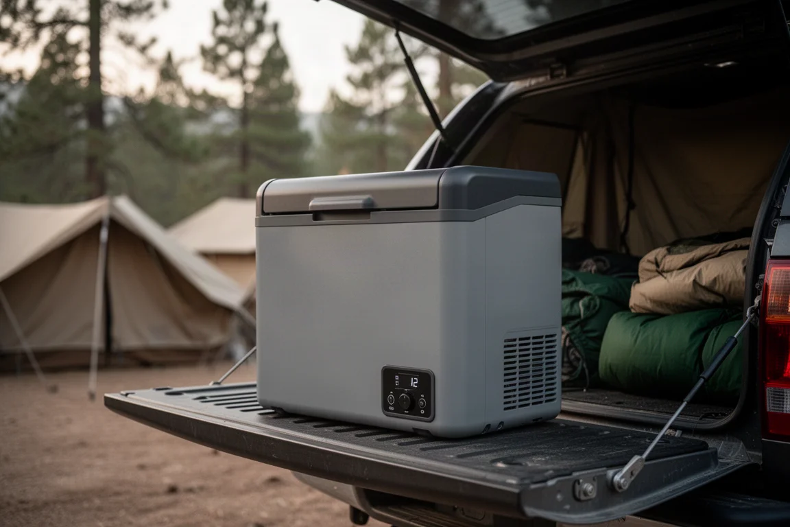 Compact dark grey 12V camping fridge with top lid and two side handles
