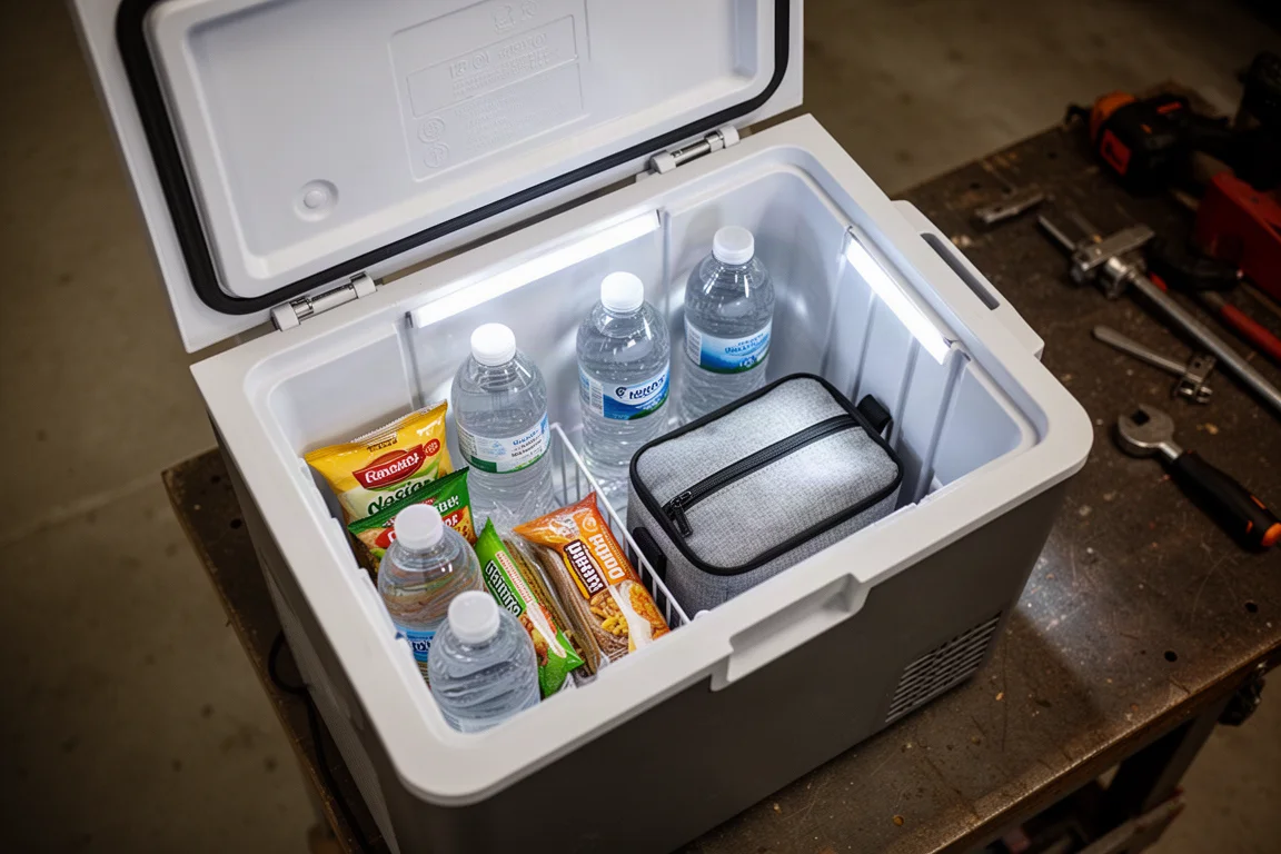 Geopende 12V draagbare koelkast gevuld met waterflessen en snacks