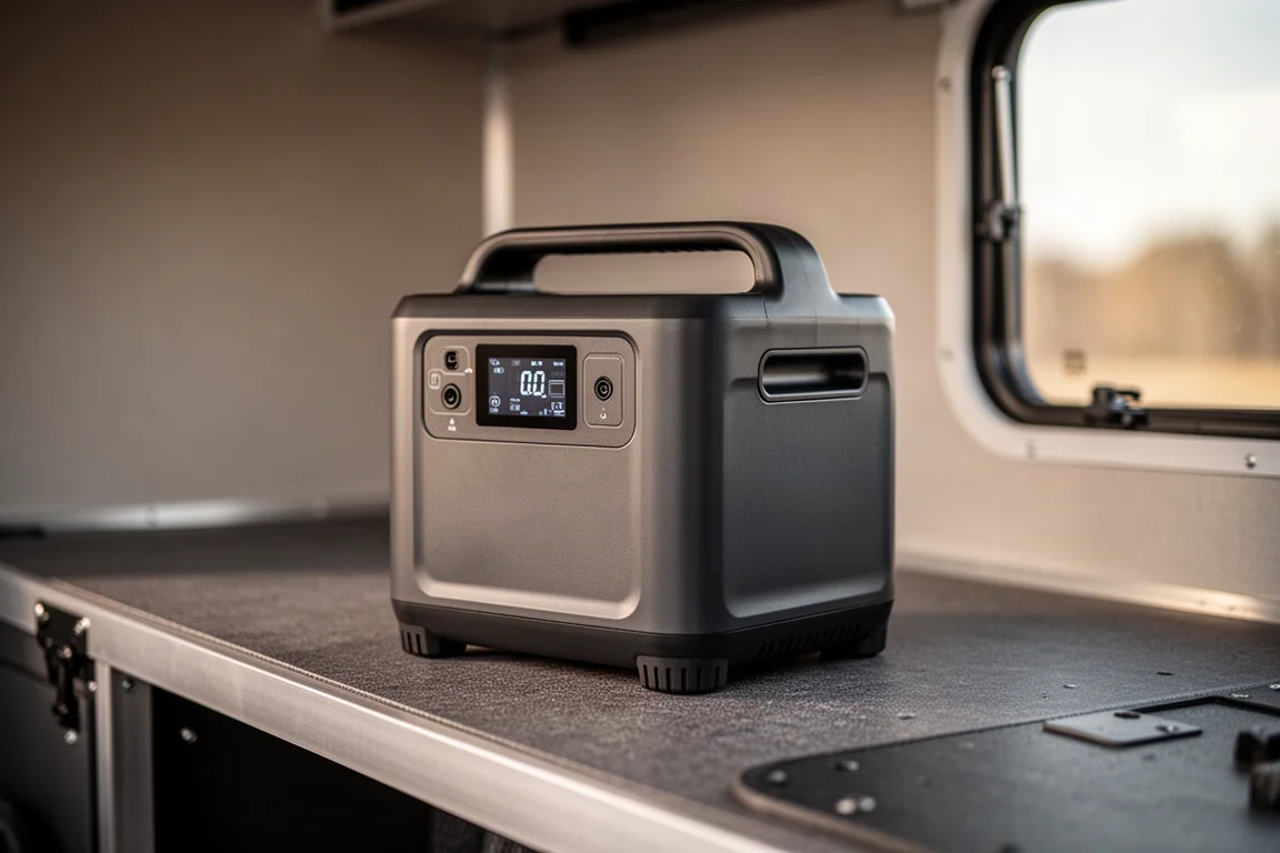 Compact powerstation op een werkbank met zacht gloeiende display