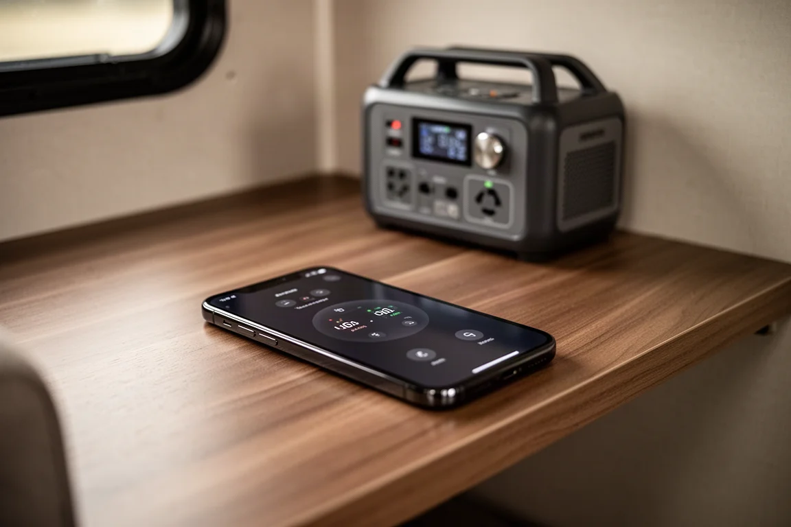 Smartphone met de bedieningsapp van een powerstation op een houten bank