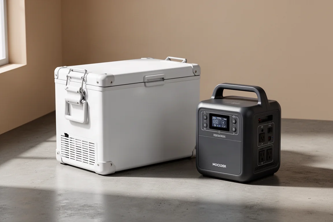 ICECO VL45 Pro 12V fridge beside a Vulcan Energon 700 power station on concrete