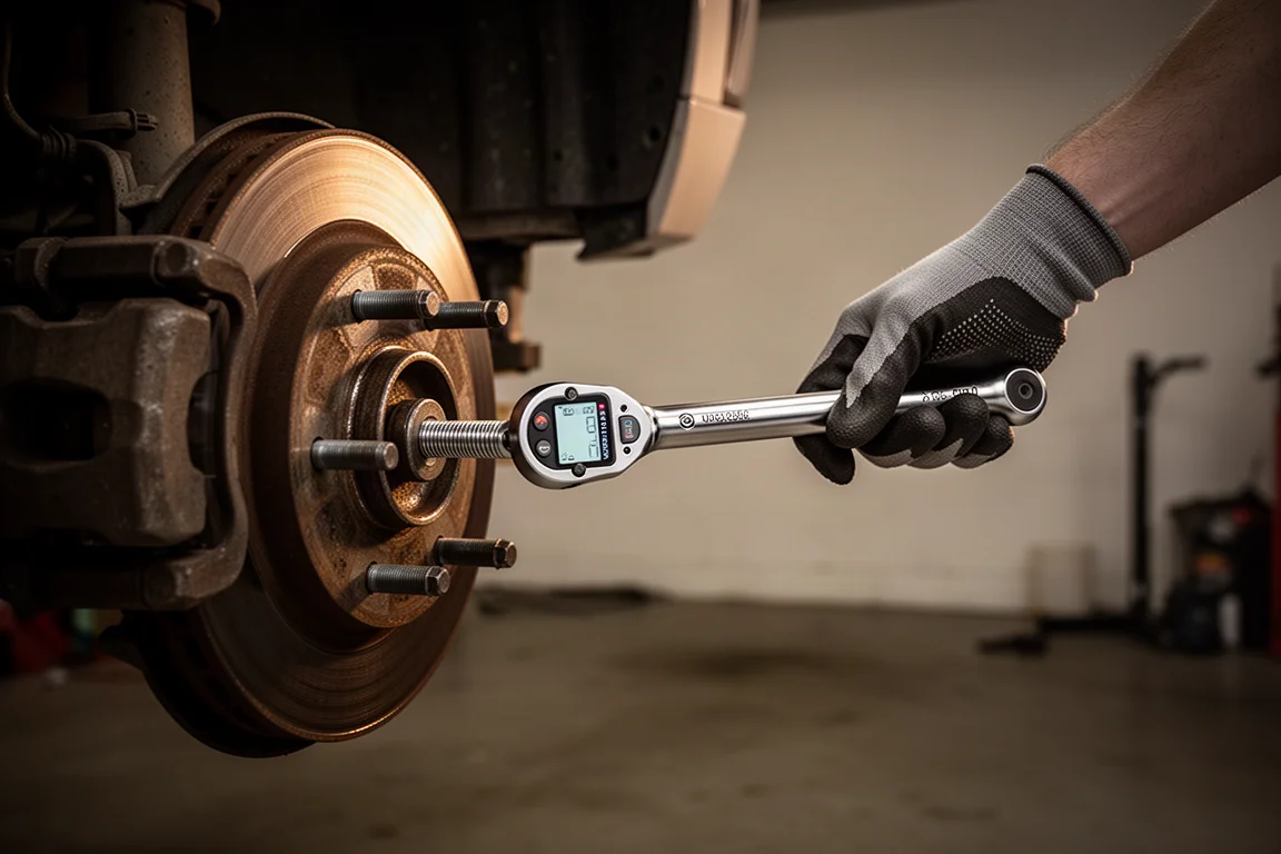 Mão de mecânico aplicando torque em um parafuso com pouca luz