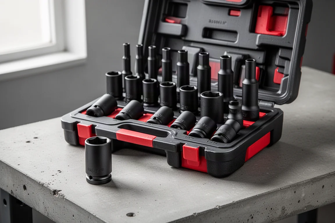 ICON half-inch drive SAE shallow impact socket set in molded plastic case on concrete workbench