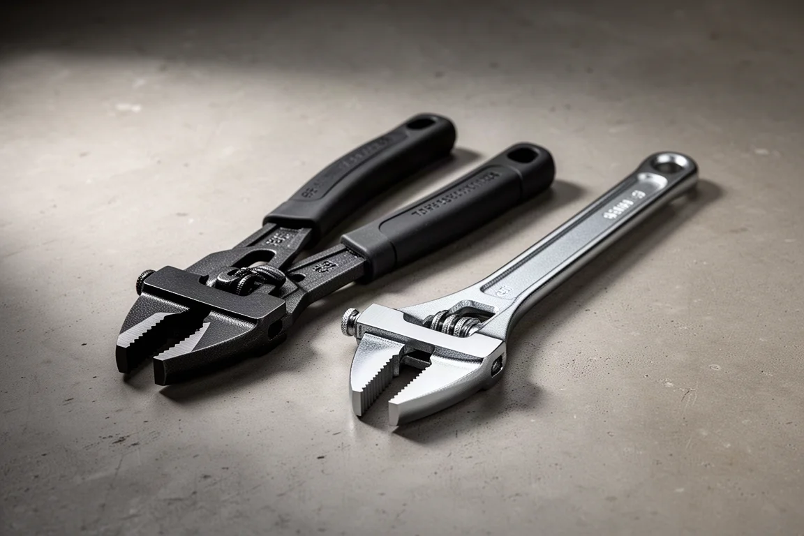 Two large plier wrenches side by side on a concrete workshop floor