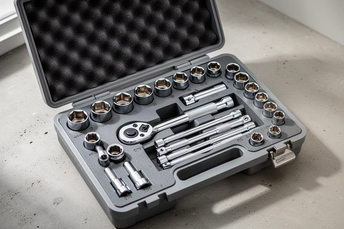 Open foam-lined tool case with metric sockets and a ratchet laid out neatly