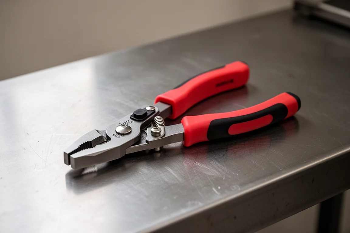 Compact red-handled Knipex Cobra pliers resting on a workbench