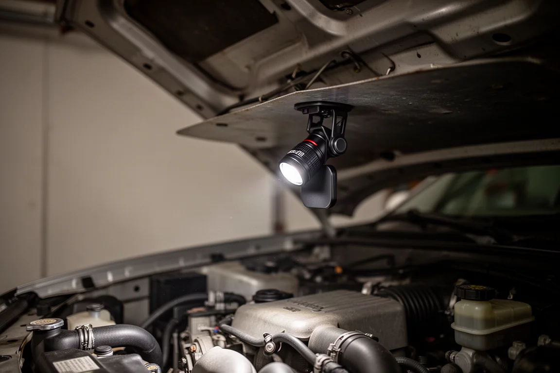 Compact clip-on flashlight with magnetic base attached to a metal car hood