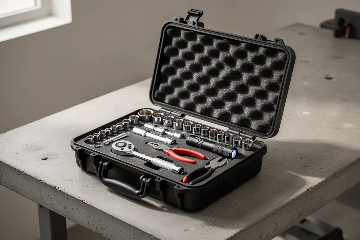 Open foam-lined tool case with sockets, pliers and a flashlight on a workbench
