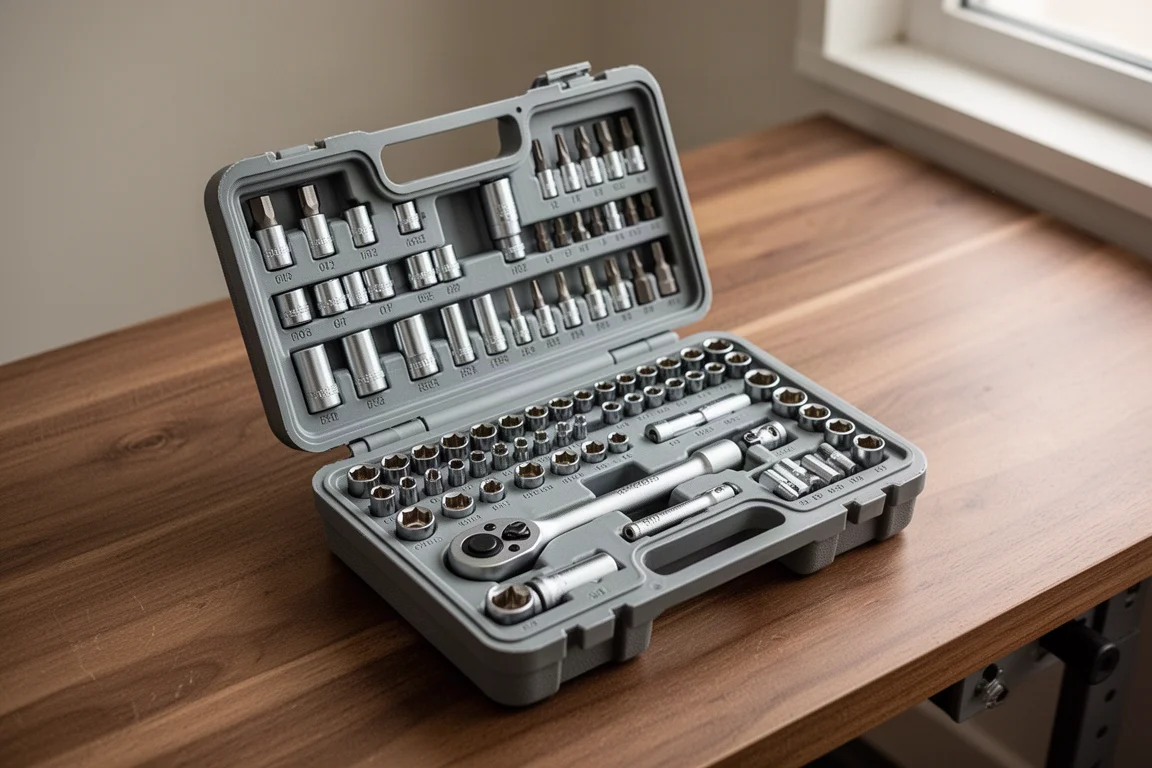 Compact tool case lid open showing neatly organized bits and sockets