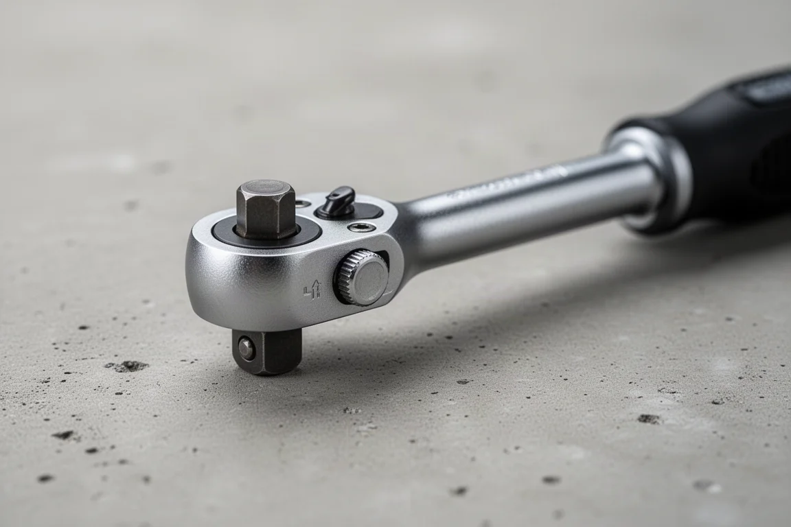 Close-up of a slim 1/4-inch drive ratchet head on a workbench