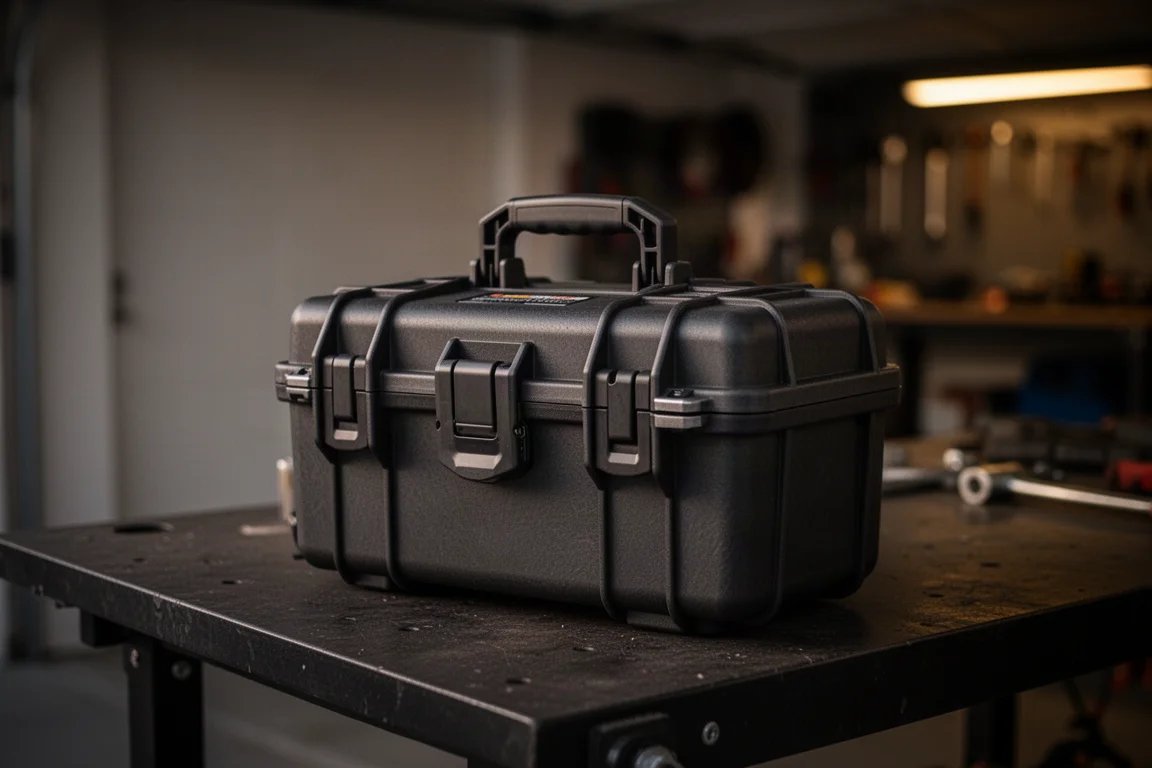 Tool case closed and latched sitting on a garage workbench at dusk