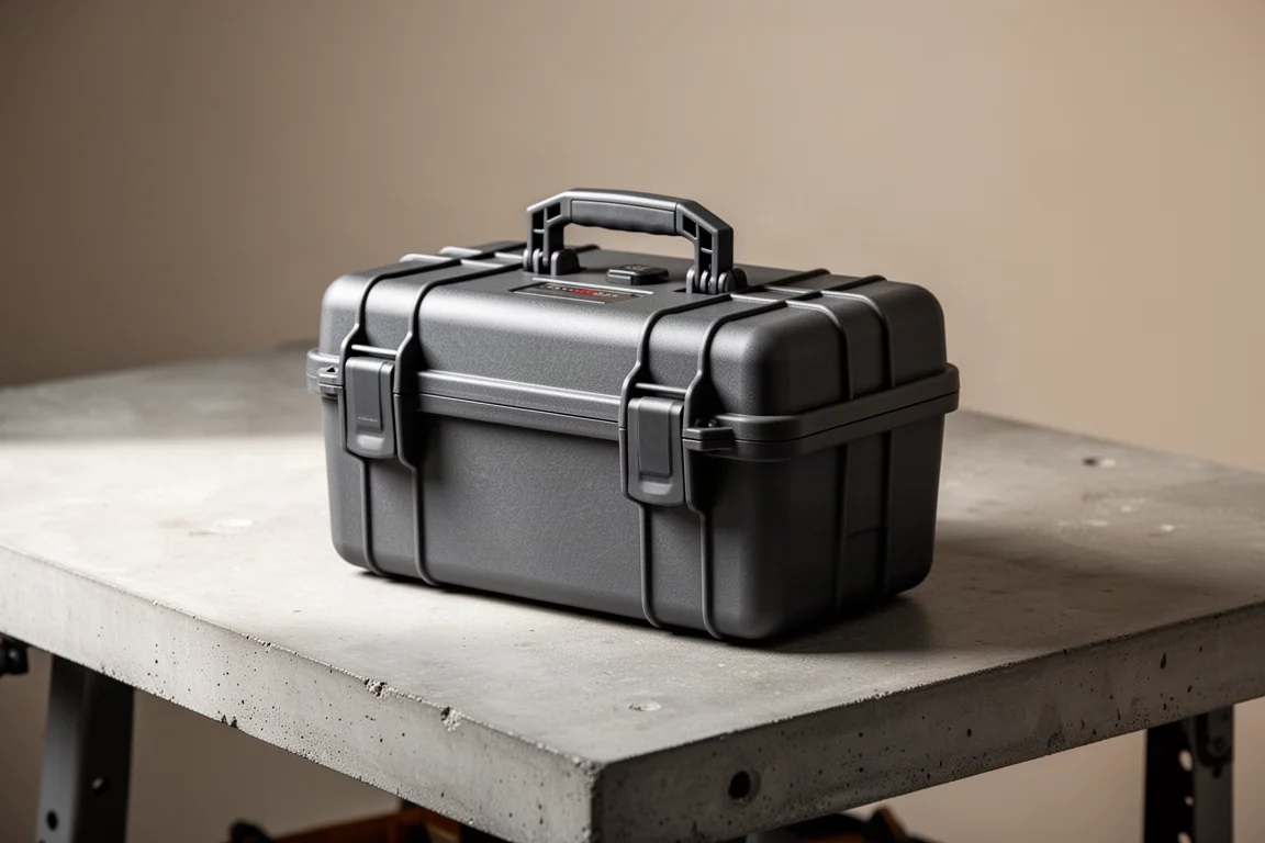 Icon 52-piece compact tool case closed with top latch on concrete surface