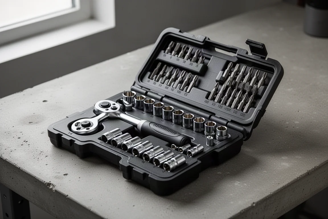 Open folding bit and socket case with ratchet, sockets, and bits on a concrete workbench