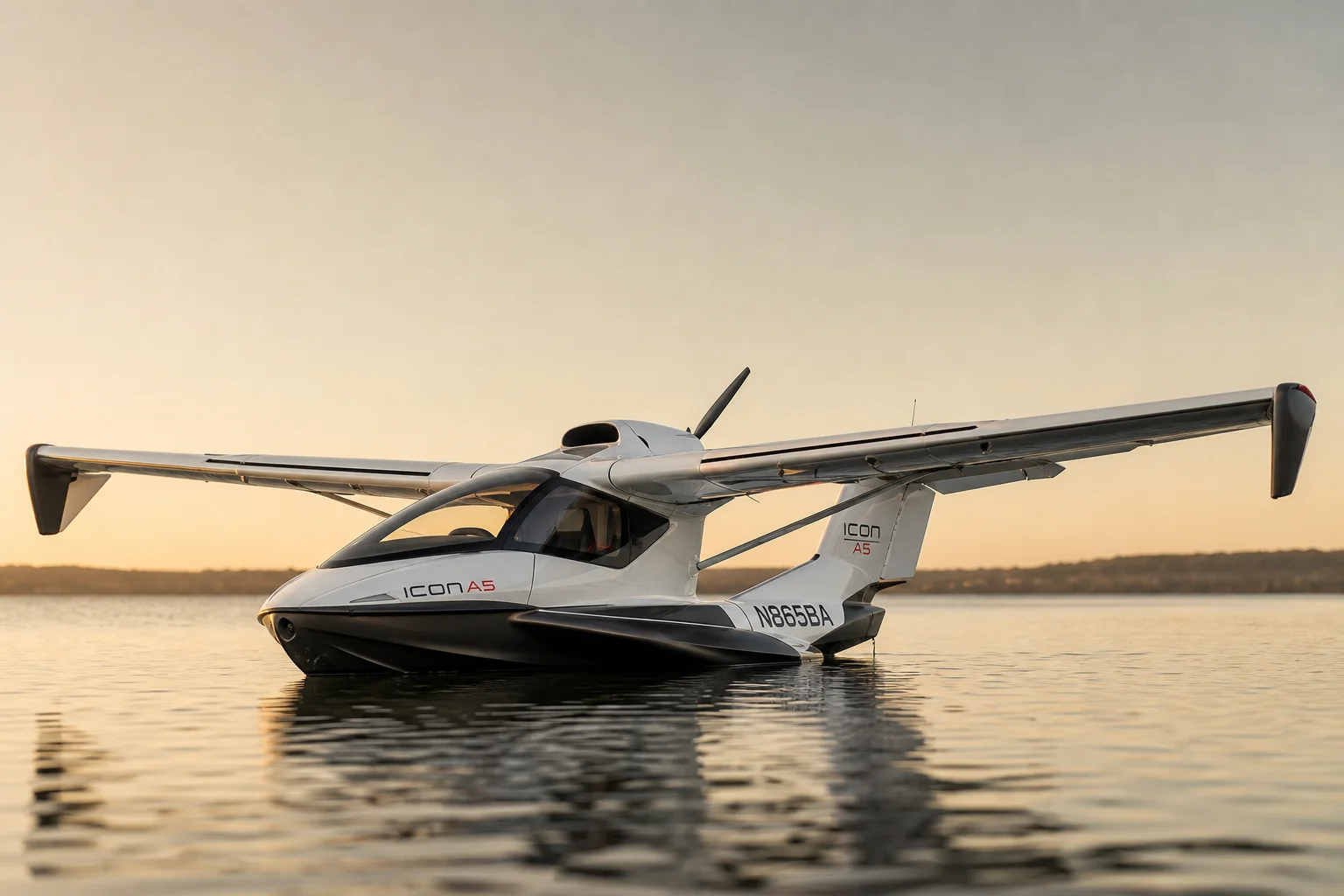 Icon A5 水陸兩棲飛機停泊在黃金時刻平靜的水面上