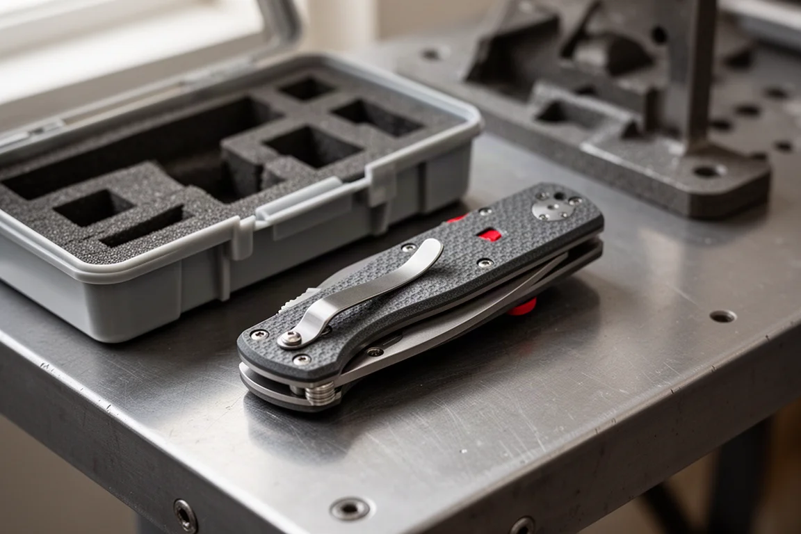 Closed folding knife with a textured handle and pocket clip on a workbench