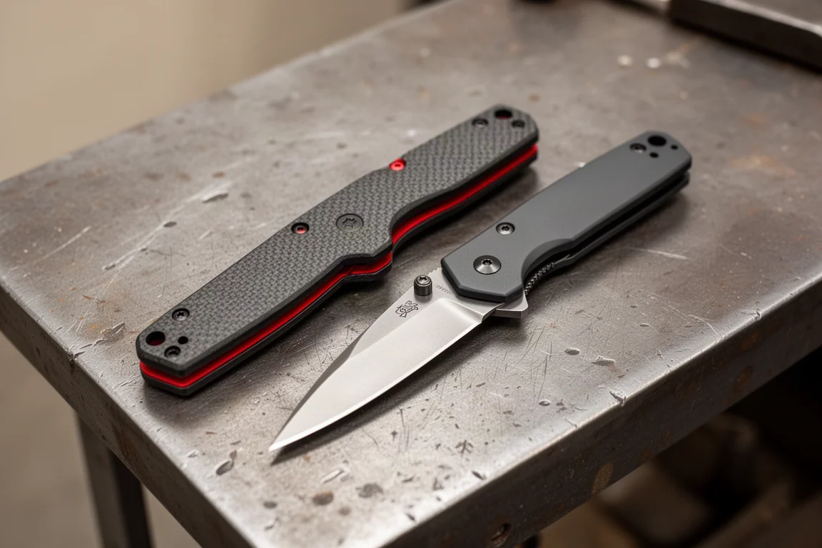 Two folding knives lying side by side on a workbench for size comparison