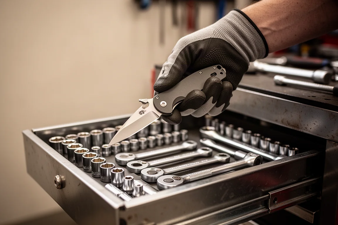 Mechanic's hand opening a folding pocket knife beside a tool drawer