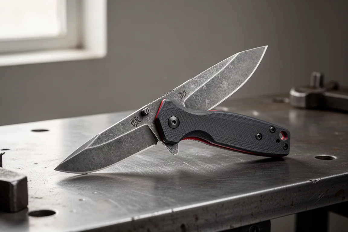 Icon Drop Point folding knife half-open on a brushed steel workbench