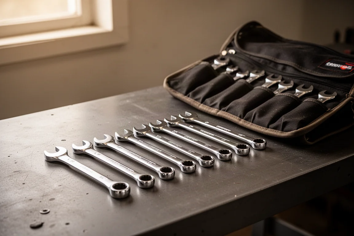 Twelve chrome ratcheting wrenches laid out in a row on a workbench