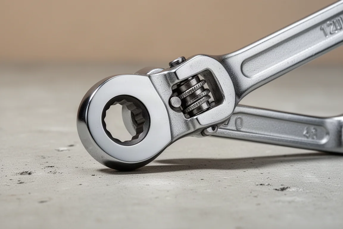 Close-up of a flex head ratcheting wrench pivoting at an angle
