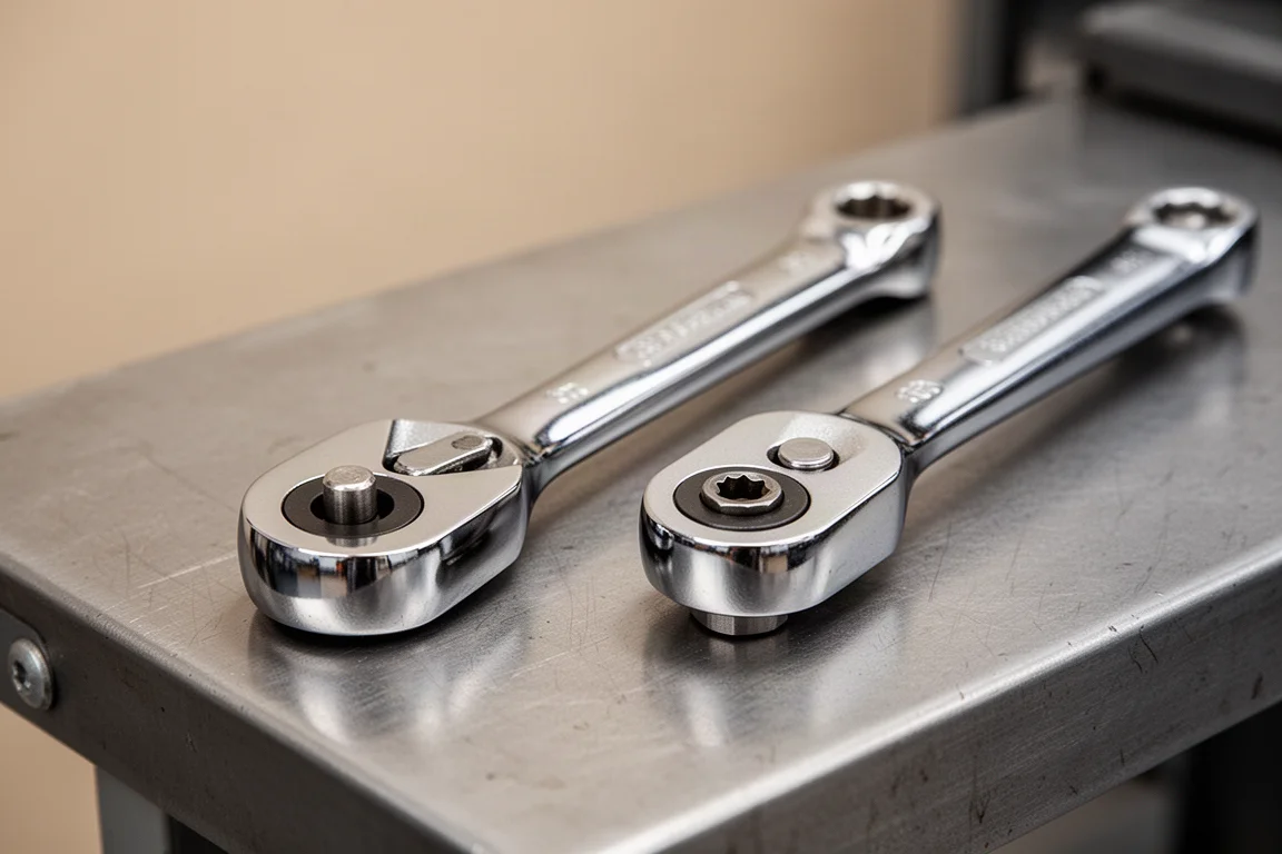 Two wrench heads placed side by side for comparison on a workbench