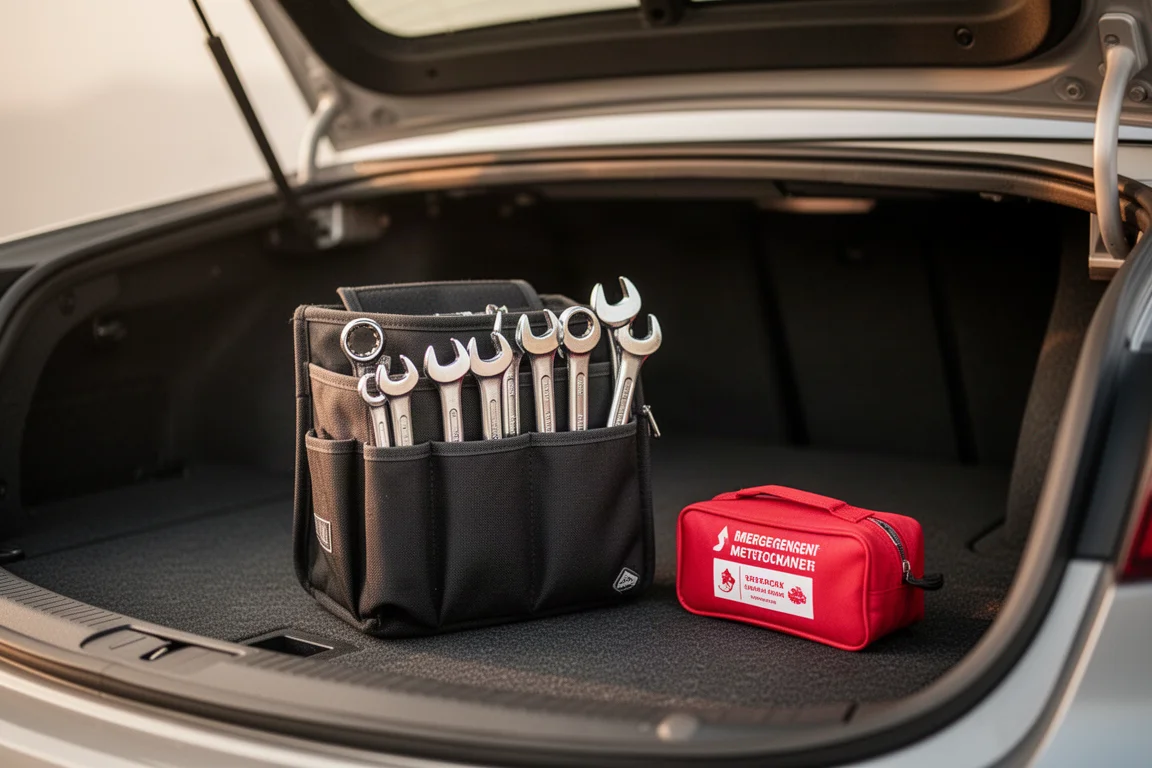 Compact tool roll filled with wrenches inside a vehicle trunk