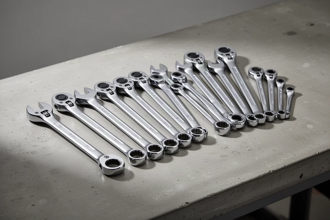 Twelve chrome flex head ratcheting wrenches fanned out on a concrete workbench