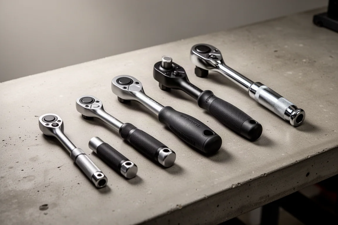Five 1/4-inch ratchets of increasing length lined up on a concrete workbench
